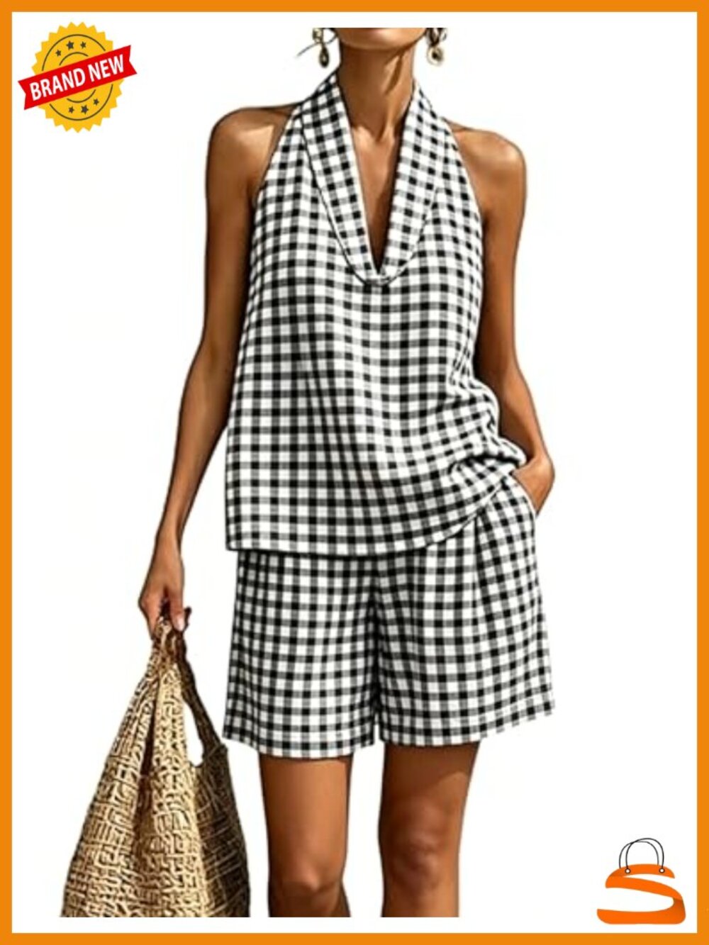 100% Cotton Gingham Plaid Halter Tank Top and Shorts Set Sleeveless Summer